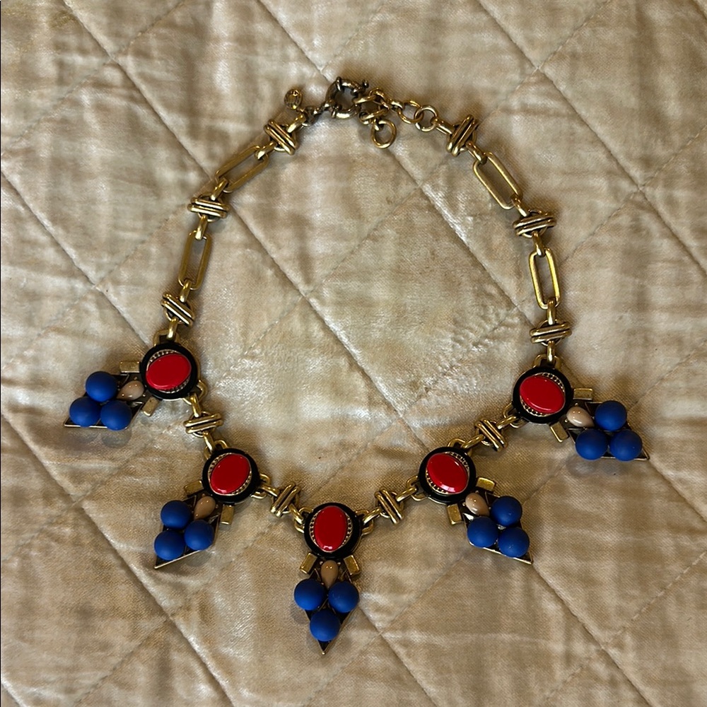 J. Crew Gold Necklace with Red and Blue Accents